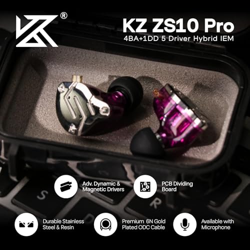 Linsoul KZ ZS10 Pro, 4BA+1DD 5 Driver in Ear Monitor, HiFi Wired Earbuds, Gaming Earbuds, Hybrid IEM Earphones with Stainless Steel Faceplate, Detachable Cable for Musician (Without Mic, Purple) - color: Purple, style: Without Mic