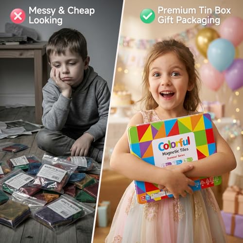 Large Diamond Magnetic Building Tiles: 48 PCS Deluxe 3D Play Blocks | 3x Sparkling Transparent Cut - 7.5cm Big Size STEM Sensory Toy with Tin Box Storage Organizer for Toddlers Age 3-6 Birthday - style: Large Magnetic Tiles - 48PCS