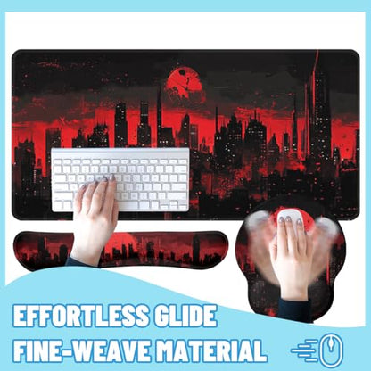 Dark City Desk Mat Set Red Moon Gothic Skyline Neon Mouse Pad with Wrist Rest 4in1 Desk Mat for Desktop Ergonomic Computer Desk Arm Wrist Anti-Slip Computer Ergonomic Mouse Pad Home Office Gaming - color: Dark City