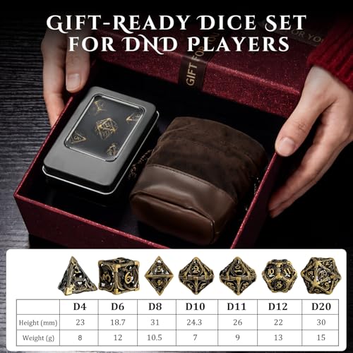 MoKo Dragon Hollow Metal DND Dice Set, Bronze | 7 Pcs Polyhedral, D20 D12 D10 D8 D6 D4, For Dungeons and Dragons RPG Games, With Gift Box - color: 4 - Bronze