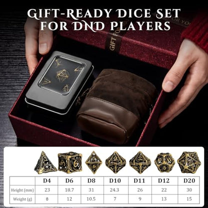MoKo Dragon Hollow Metal DND Dice Set, Bronze | 7 Pcs Polyhedral, D20 D12 D10 D8 D6 D4, For Dungeons and Dragons RPG Games, With Gift Box - color: 4 - Bronze