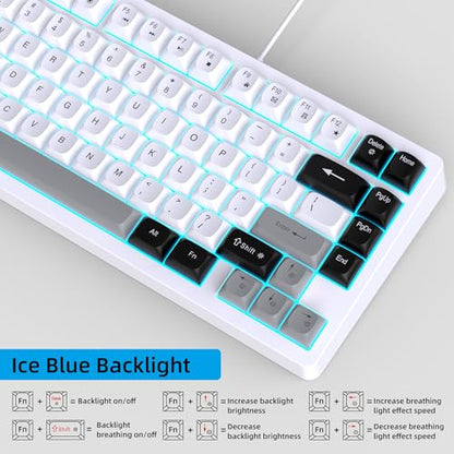 Snpurdiri 75% Wired Gaming Keyboard and Mouse Combo (Black Grey White) | 81-Key Compact Gaming Keyboard, Retro Round Keycaps Ice Blue Backlit Keyboard for Laptop, Easy to Carry on Business Trip - color: Black Grey White