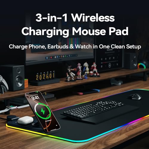 Wireless Charging RGB Mouse Pad 3-in-1, 800×300mm Extended Desk Mat, Fast Charging for Phone, Earbuds and Watch, Large Gaming Mouse Pad with LED Lighting