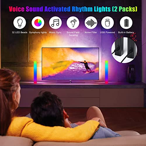 Battery Powered Rhythm Light Bar, RGB Sound Control Pickup Rhythm Lights, APP Control 32 Bit Music Level LED Lights, USB Rechargeable Voice Activated Atmosphere Light for Game Car TV DJ Studio - 2Pcs