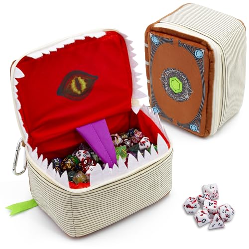 CASEMATIX Mimic Spell Book Dice Case with 7 Included RPG Dice - 7" Mimic Tome Chest Bag with Zipper Closure and Carabiner for 250 Polyhedral Pieces, Protective Novelty Holder for Tabletop Dice - style: Spellbook