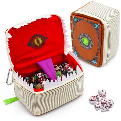 CASEMATIX Mimic Spell Book Dice Case with 7 Included RPG Dice - 7" Mimic Tome Chest Bag with Zipper Closure and Carabiner for 250 Polyhedral Pieces, Protective Novelty Holder for Tabletop Dice - style: Spellbook