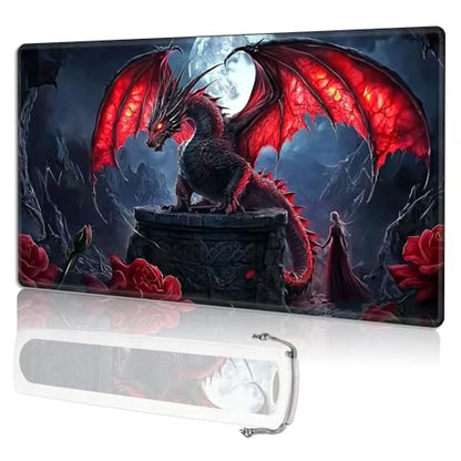 for MTG Playmat TCG Card Game Mat with Stitched Edges,Board Game Mats Non-Slip Waterproof Rubber Base 24 x 14 inch for CCG RPG DTCG Trading Card,Red Dragon Moon - color: Red Dragon Moon
