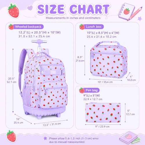 3Pcs Rolling Backpack for Girls Women, Travel Roller Backpacks with Wheels for Adults, Teens College Strawberry Wheeled Bookbag with Lunch Box (Purple) - color: Strawberry Purple