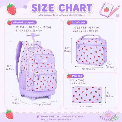3Pcs Rolling Backpack for Girls Women, Travel Roller Backpacks with Wheels for Adults, Teens College Strawberry Wheeled Bookbag with Lunch Box (Purple) - color: Strawberry Purple