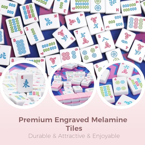 American Mahjong Tile Set with Printed Handbag, 166 Premium Pink Tile and Accessories, Portable and Stylish Mahjong Set, Mahjong Game Set for Travel, Gifts（Pink, No Racks） - color: Pink