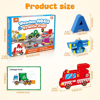 Wooden Vehicle Alphabet Puzzle for Toddlers, Traffic ABC Letter Sight Words Matching Game with 52 Blocks and Flash Cards, Spelling Game Toys, Kindergarten Preschool Learning Activities