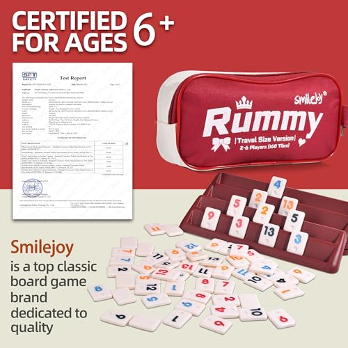 Smilejoy Mini Rummy Cube Six Player Edition, Travel Rummy Game Set with Portable Canvas Bag,Classic Board Game for Adults and Kids |160 Tiles|6 Playing Racks|1 Dice (2-6 Player) - style: Mini (2-6 player)