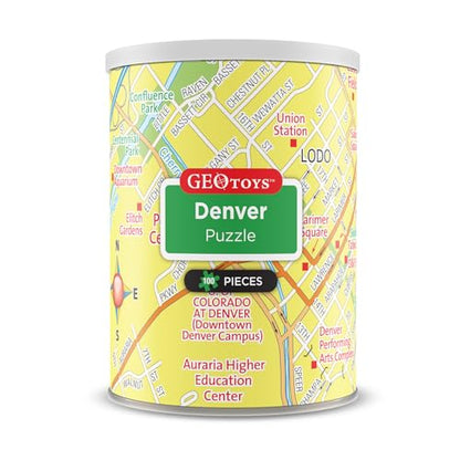 Geotoys Denver Mini City Puzzle - 100 Piece Puzzles for Kids and Adults in Portable Can, 13" x 10" Educational Travel Puzzle for Ages 7 and Up - Mini Puzzles to Learn & Explore Geography - style: Denver