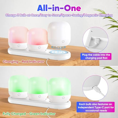 Rechargeable Battery Operated Light Bulb Set with Magnetic 3 in 1 Charging Station & Remote Control, Wireless Dimmable Detachable LED Bulb with 15 Colors Selectable for Wall Sconce, Non-Hardwired - size: 3 Pack