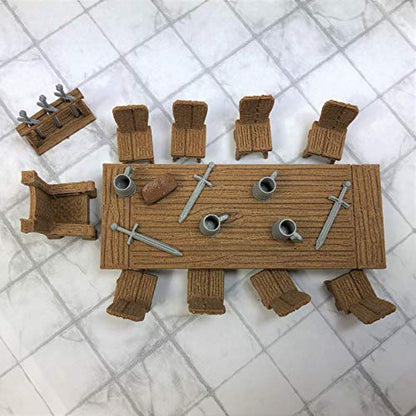 Lords Table Set with Chair, Small Chairs, Sword Rack, Swords, Tankards, and Bread - 28mm Scale Tabletop Terrain for D&D and Fantasy Role Playing Games