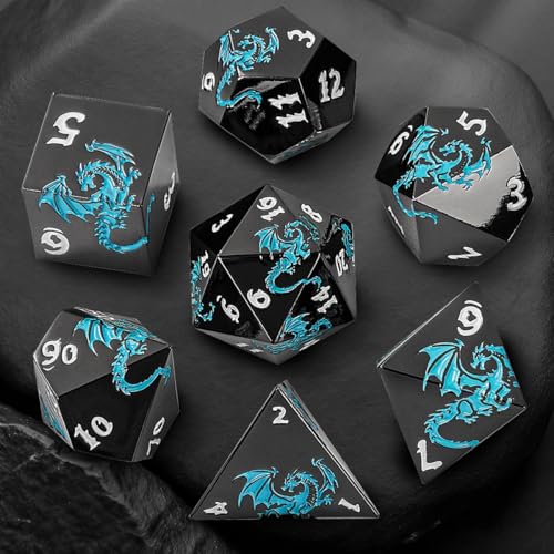 Metal Dice Set, Flat Face Black Blue Dragon Pattern, 7pcs Polyhedral Metal DND Dice Set, DND Starter Set, D&D Gifts with Gift Box, Role Playing Board Games Accessories, Black - color: Black +Blue