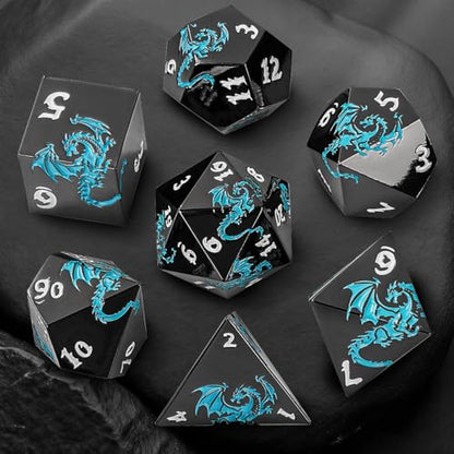Metal Dice Set, Flat Face Black Blue Dragon Pattern, 7pcs Polyhedral Metal DND Dice Set, DND Starter Set, D&D Gifts with Gift Box, Role Playing Board Games Accessories, Black - color: Black +Blue