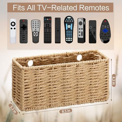 Woven Paper Rope Remote Control Holder Organizer Handmade Wall Hanging Remote Storage Basket with Hooks Boho Farmhouse Wall Organizer for Living Room Bedroom Office Dorm Decor