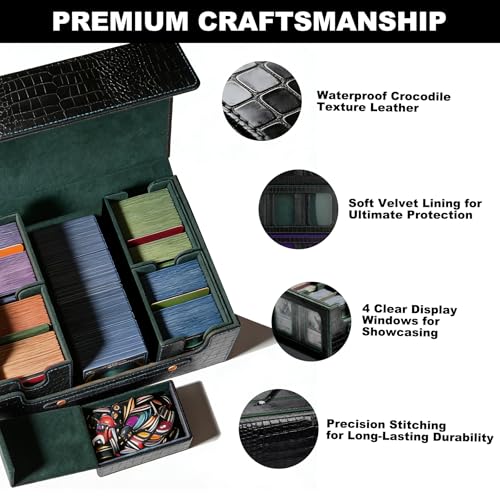 Premium Trading Card Storage Case TCG Deck Box Holds 800+ Sleeved Cards for MTG, YuGiOh, Uno, Sport with Strong Magnet Closure (4IN1BlackGreen) - color: C-4IN1BlackGreen