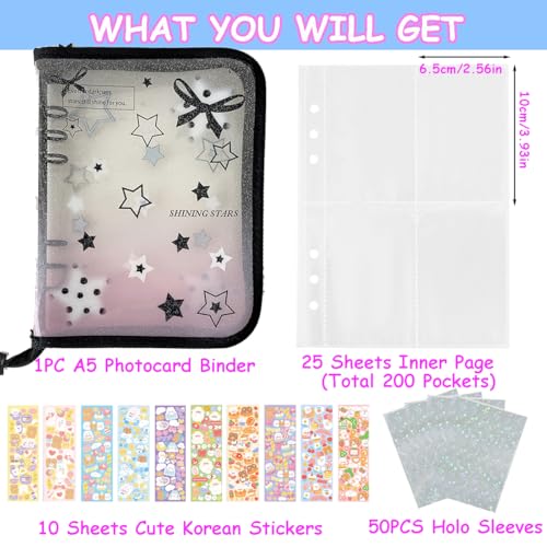 Kpop Photocard Binder Kpop Photocard Holder Book with 50pcs Holographic Photocard Sleeves&10 Korean Stickers, 6 Ring A5 Binder Photocard Album 25 Inner Pages with 200 Pockets (Black Heart) - color: Black Heart