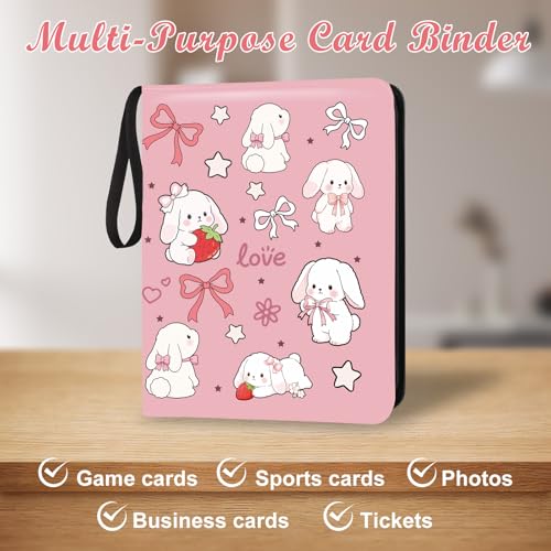 Card Binder 9 Pocket Trading Card Holder Fits 1008 Cards with 56 Removable Sleeves Portable Leather Collection Card Ablum Game Card Case Book with Zipper for Gift (Pink Cute Rabbit) - style: Pink Cute Rabbit Card Albums