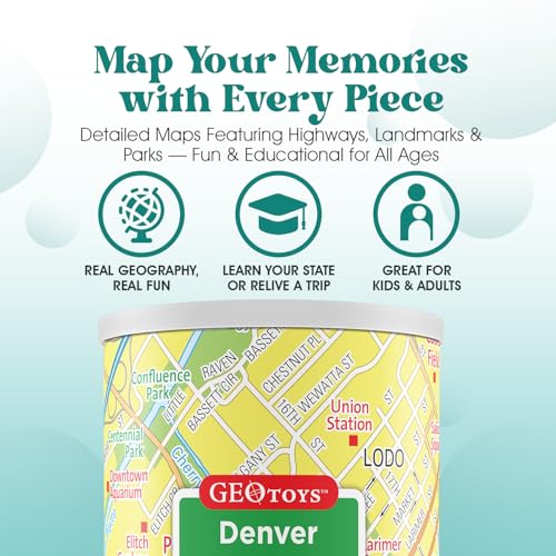 Geotoys Denver Mini City Puzzle - 100 Piece Puzzles for Kids and Adults in Portable Can, 13" x 10" Educational Travel Puzzle for Ages 7 and Up - Mini Puzzles to Learn & Explore Geography - style: Denver
