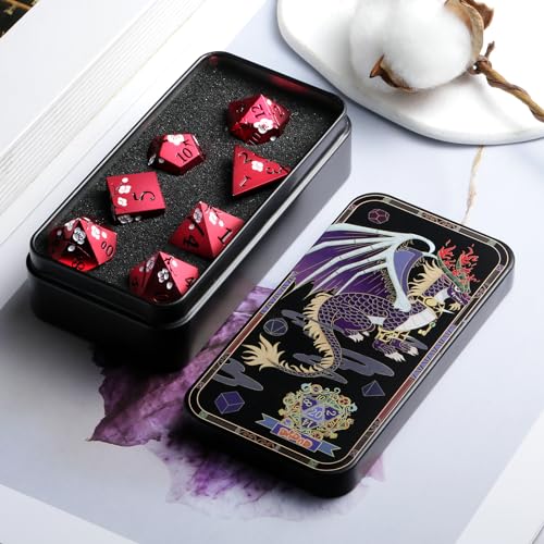 Matt Red DND Metal Dice, DNDND 7 PCS Heavy Metallic D&D Dice Set with Gorgeous Gift Case for Dungeons and Dragon Tabletop Game (Matte Red with White Flower) - color: Flower Red