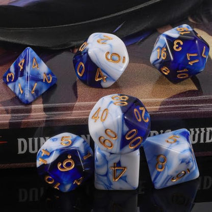QMAY DND Dice Set - 7 Pcs Polyhedral Dice with D&D Dice Bag for Dungeon and Dragons, RPG, MTG, Role Playing Games Dice (Blue Mix White) - color: Blue and White