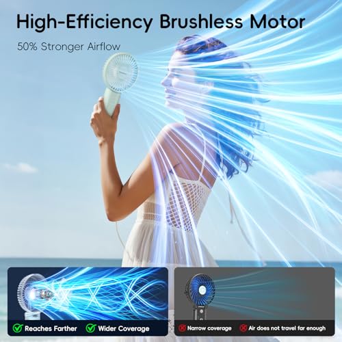 HandFan Upgraded 10,000 mAh Quiet Handheld Fan - 4.5 Inch Large Hand Held Fans Reahargeable, 180° Foldable Portable Fan [30 Working Hours] with Lanyard, Base for Disney/Travel/Concerts/Beach/Office - color: Clear‑Blade Sage Green
