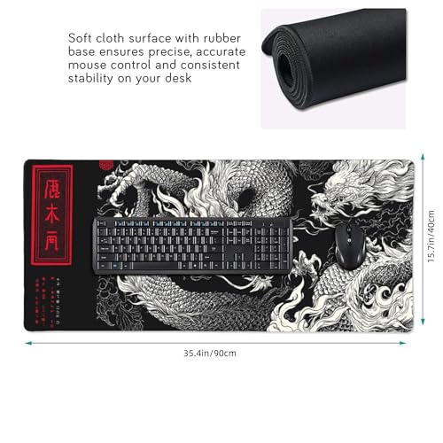 Large Gaming Mouse Pad with Dragon Design, Non-Slip, 35.4" x 15.7", Black and Red Japanese Style Desk Mat - color: Dragon