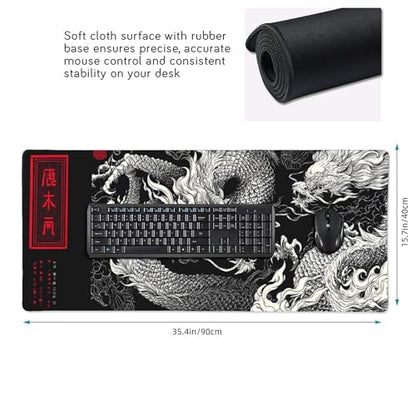 Large Gaming Mouse Pad with Dragon Design, Non-Slip, 35.4" x 15.7", Black and Red Japanese Style Desk Mat - color: Dragon