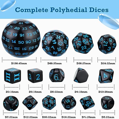 Civaner 15 Pcs Complete Polyhedral Dice Set D3-D100 Spherical RPG Dice Set in Opaque Black, 100 Sides for Role Playing Table Games Party Supplies(Black and Blue) - color: Black and Blue