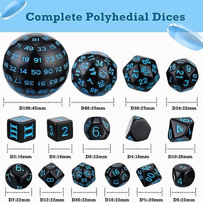 Civaner 15 Pcs Complete Polyhedral Dice Set D3-D100 Spherical RPG Dice Set in Opaque Black, 100 Sides for Role Playing Table Games Party Supplies(Black and Blue) - color: Black and Blue