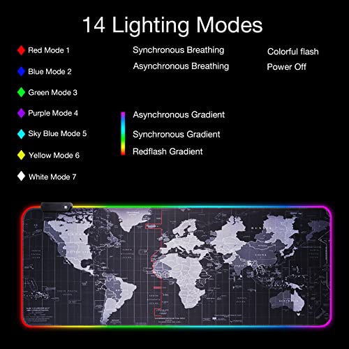 RGB Gaming Mouse Pad, Extra Large Gaming Mouse Mat for Gamer, Waterproof Office Desktop Mat with 14 Lighting Mode, Waterproof Desk Pad for PC Computer,Office (Map)