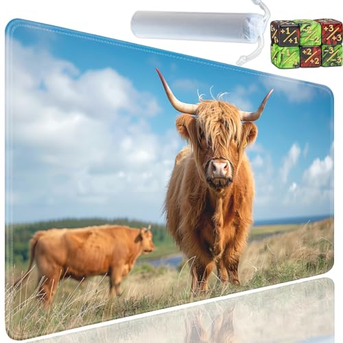 Playmat for MTG, 24x14 Inches Playmats, for TCG and CCG Trading Card Game Mat, Non-Slip Rubber for MTG Playmats with A Storage Bag and 6 Dice Set, Highland Cattle Cow Pattern - color: Yu-Playmat-1-E127