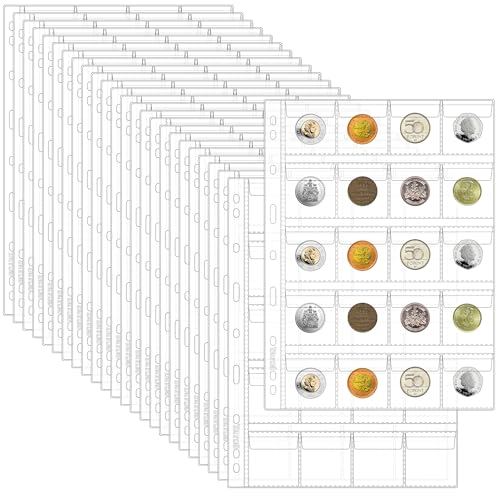 25 Sheets Coin Pocket Pages - 20 Pocket Standard 9-Hole 500 Pockets Inserts Collecting Sleeves for Coins [48mm X 44mm Each Pocket] CS0312520 - color: 20 Pocket(44mm X 48mm Each Pocket), size: 25 Sheets