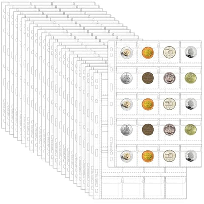 25 Sheets Coin Pocket Pages - 20 Pocket Standard 9-Hole 500 Pockets Inserts Collecting Sleeves for Coins [48mm X 44mm Each Pocket] CS0312520 - color: 20 Pocket(44mm X 48mm Each Pocket), size: 25 Sheets