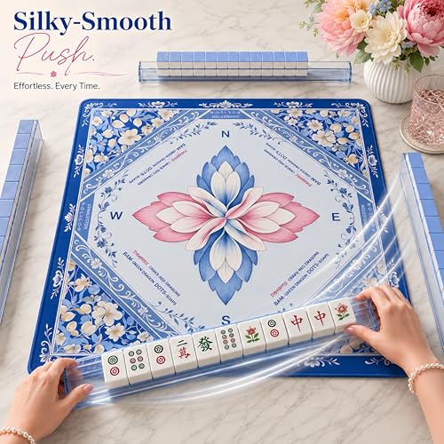 Mahjong Mat 31.5x31.5 Inch, Non-Slip Rubber 3mm American Mahjong Mat with Rules, Blossom Lotus Hand-Painted Look Noise Reducing Game Neoprene Mat for Table (Elegant Lotus) - color: Elegant Lotus