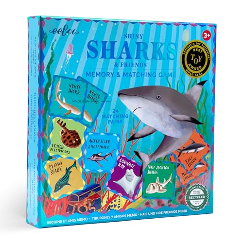 eeBoo Shiny Sharks & Friends Memory & Matching Game, Ages 3+, 1-4 Players | Introduces sharks & marine life. Sharpens recognition, concentration & memory skills. Includes 48 foil tiles, 24 pairs - style: Shiny Sharks & Frinds