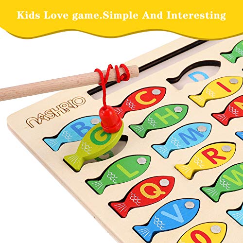 Magnetic Wooden Fishing Game Toy for Toddlers, Alphabet Fish Catching Counting Games Puzzle with Numbers and Letters, Preschool Learning ABC Math Educational Toys 3 4 5 Years Old Girl Boy Kids - color: Multicolor