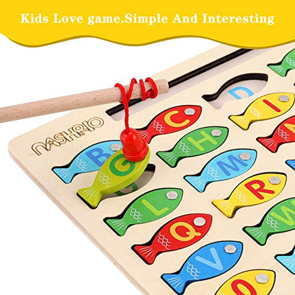 Magnetic Wooden Fishing Game Toy for Toddlers, Alphabet Fish Catching Counting Games Puzzle with Numbers and Letters, Preschool Learning ABC Math Educational Toys 3 4 5 Years Old Girl Boy Kids - color: Multicolor
