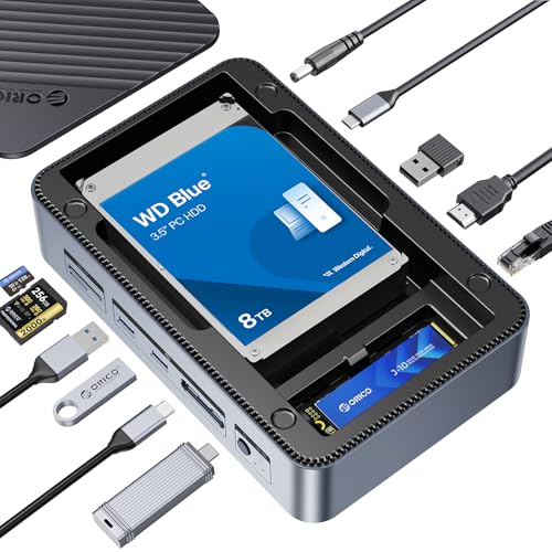 ORICO 12-in-1 USB C Hub with M.2 + SATA 2.5”/3.5” SSD/HDD Enclosure, USB C to HDMI Adapter 4K@60Hz,10Gbps USB A/USB C Data Ports, USB C Docking Station for Windows/mac OS D35M2