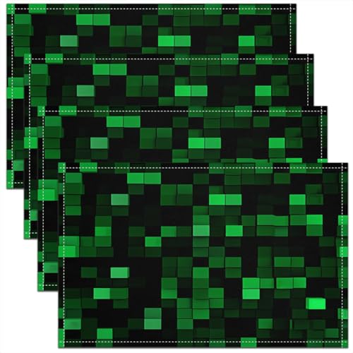 Pixelated Miners Game Kids Placemats Set of 4,Geometric Check Video Games Table Place Mats,Gamepad Camo Grid Kitchen Decor,Black Green Placemat Kitchen Table Decoration 12"x18" - color: Black Green