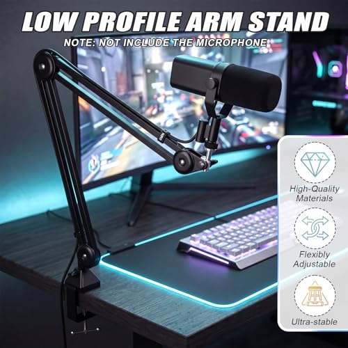 Microphone Boom Arm, 360° Rotatable Mic Arm Stand, Adjustable Height Overhead Mic Holder with Desk Clamp, Cable Channels, 3/8" to 5/8" Threads for Podcast Streaming Gaming Studio Recording