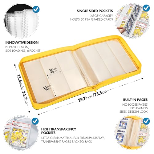 FunGuys Graded Card Binder, 60 PSA Slab Holder, 6 Pocket Graded Card Storage, Slab Binder, PSA Card Graded Display Case Album, Zipper, MTG Card Collection Binder - color: Black and Yellow