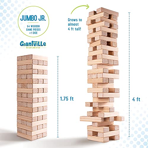 Giantville Giant Tumbling Timber Toy - X-Large Premium Pine Wood Life-Size Blocks Tower - Floor/Board Indoor/Outdoor Yard Game - 54-Pieces + Dice + Carry Bag - Grows to Almost 4-Feet - 2025 Version - size: X-Large
