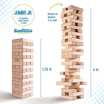 Giantville Giant Tumbling Timber Toy - X-Large Premium Pine Wood Life-Size Blocks Tower - Floor/Board Indoor/Outdoor Yard Game - 54-Pieces + Dice + Carry Bag - Grows to Almost 4-Feet - 2025 Version - size: X-Large