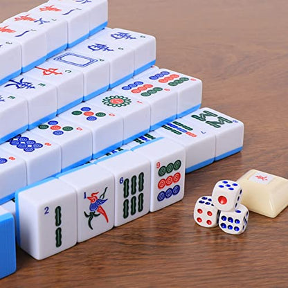 Chinese Mahjong Set, Mahjong Game Set with 146 Numbered Large Tiles (1.5", Blue), Mahjong Tiles Set with Brown Carrying Case - color: Blue Mahjong Set