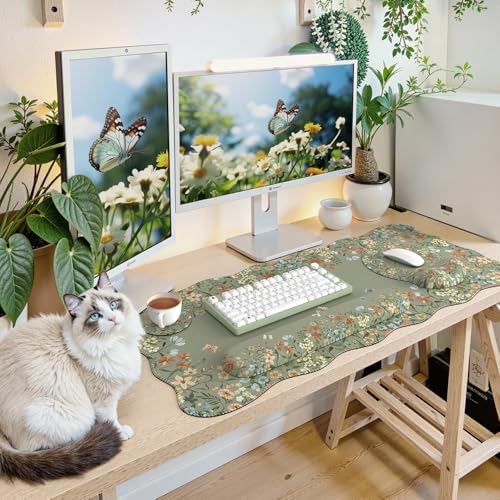 iCasso Desk Mat Set,Large Mouse Pad with Wrist Rest,Ergonomic Keyboard Wrist Support for Women,Girly Floral Computer Mat with Scalloped Edges,Non-Slip Desk Pad Home Office Gaming (Green) - color: Green