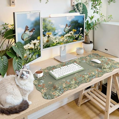 iCasso Desk Mat Set,Large Mouse Pad with Wrist Rest,Ergonomic Keyboard Wrist Support for Women,Girly Floral Computer Mat with Scalloped Edges,Non-Slip Desk Pad Home Office Gaming (Green) - color: Green